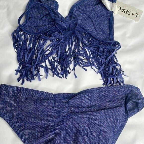L*Space Womens Size XS Denim Fringe Bikini Set Top & Bottoms - Picture 9 of 11
